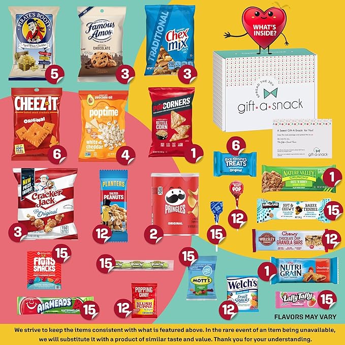 Gift A Snack - Valentines Day Snack Box Care Package Variety Pack + Greeting Card (200 Count) Birthday Sweet Treats Gift Basket Candies Chips Crackers Bars Office Food Assortments & Variety Gifts