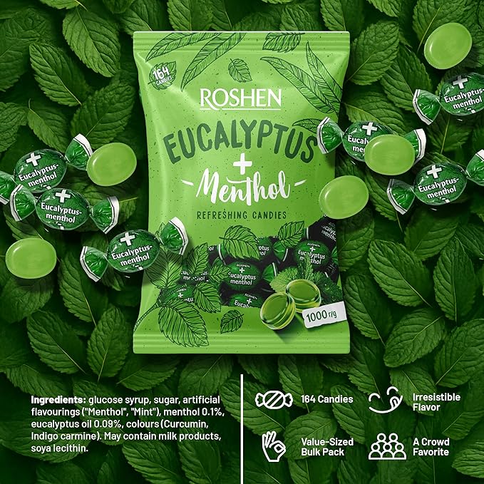 Roshen Eucalyptus-Menthol Hard Candy – Refreshing Mint & Eucalyptus Flavor, Individually Wrapped, Bulk 2.2 lbs (1 kg) Kosher, Halal, Soothing, Cooling Candy (Pack of 2)