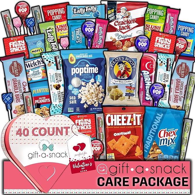 Gift A Snack - Valentines Day Heart Shape Snack Box Variety Pack Care Package + Greeting Card (40 Count) Birthday Sweet Treats Gift Basket, Candies Chips - Office Food Assortments