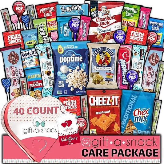 Gift A Snack - Valentines Day Heart Shape Snack Box Variety Pack Care Package + Greeting Card (40 Count) Birthday Sweet Treats Gift Basket, Candies Chips - Office Food Assortments