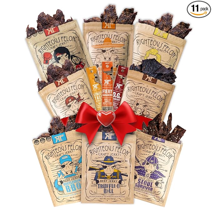 Righteous Felon Beef Jerky & Meat Sticks Variety Pack | Gluten Free Snack Packs for Adults | High Protein, Keto, Low Sugar | Made with Premium Meats | Valentines Day Gifts for Men | 11 Pack Sampler