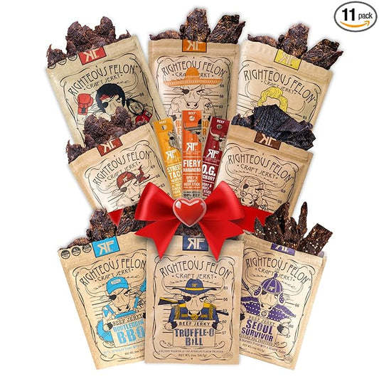Righteous Felon Beef Jerky & Meat Sticks Variety Pack | Gluten Free Snack Packs for Adults | High Protein, Keto, Low Sugar | Made with Premium Meats | Valentines Day Gifts for Men | 11 Pack Sampler