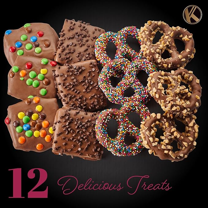 KREMERY Creamy Chocolate Cravings - Valentines Day Chocolate Covered Pretzel Twists & Grahams Cookies Gift Basket, in Confetti Gift Box (12 Count, Assorted Sweet Toppings) Sweet Treats, Kosher