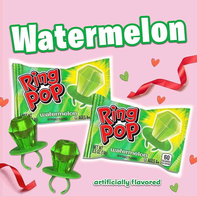 Ring Pop Individually Wrapped Watermelon Flavored Green Candy Lollipop Suckers for Celebrations & Halloween and Parties,30 Oz