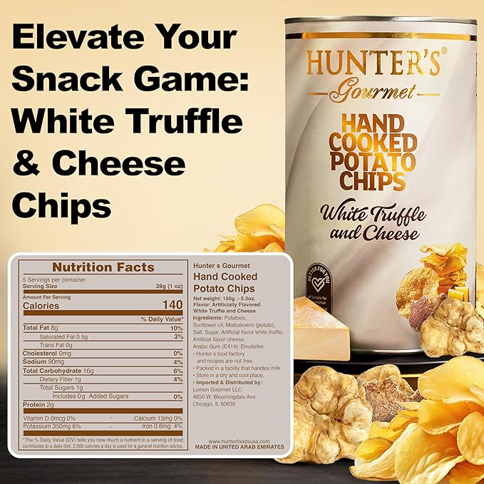 Hunter's Gourmet Crisps | Made with 100% Sunflower Oil | No Artificial Colors | Preservative-Free | White Truffle & Cheese | Backpack Friendly | Gourmet Cheese Snacks | Halal | Pack of 1 | 150g