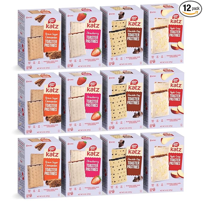 Katz Gluten Free Snacks Toaster Pastries 4 Flavor Fruit Variety Pack Apple Crisp, Cinnamon, Chocolate Chip & Strawberry. Gluten Free. Dairy Free, Nut Free, Peanut Free, Soy Free. 3 of each (12pk)