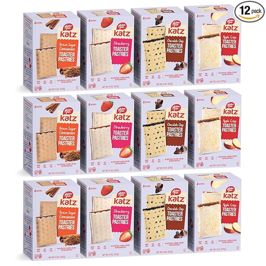 Katz Gluten Free Snacks Toaster Pastries 4 Flavor Fruit Variety Pack Apple Crisp, Cinnamon, Chocolate Chip & Strawberry. Gluten Free. Dairy Free, Nut Free, Peanut Free, Soy Free. 3 of each (12pk)