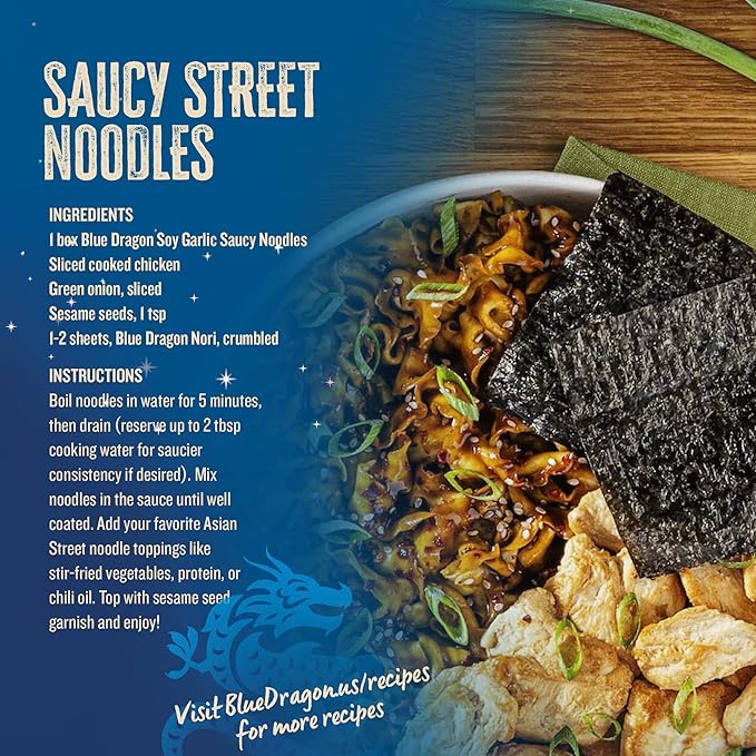 Blue Dragon Soy Garlic Saucy Noodles 4.2 oz (Pack of 6) – Knife-Cut Noodles with Soy Garlic Sauce & Chili Garnish – Air-Dried, Never Fried – Vegetarian Friendly