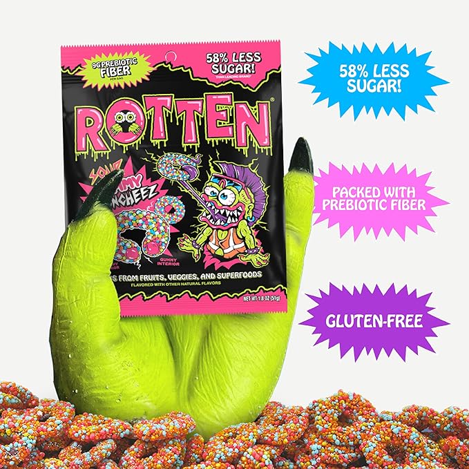 Rotten Sour Gummy Cruncheez - Low Sugar, Low Calorie, 5g Gut-Friendly Prebiotic Fiber, Gluten Free Candy, No Artificial Dyes - 1.8 oz - 8-Pack