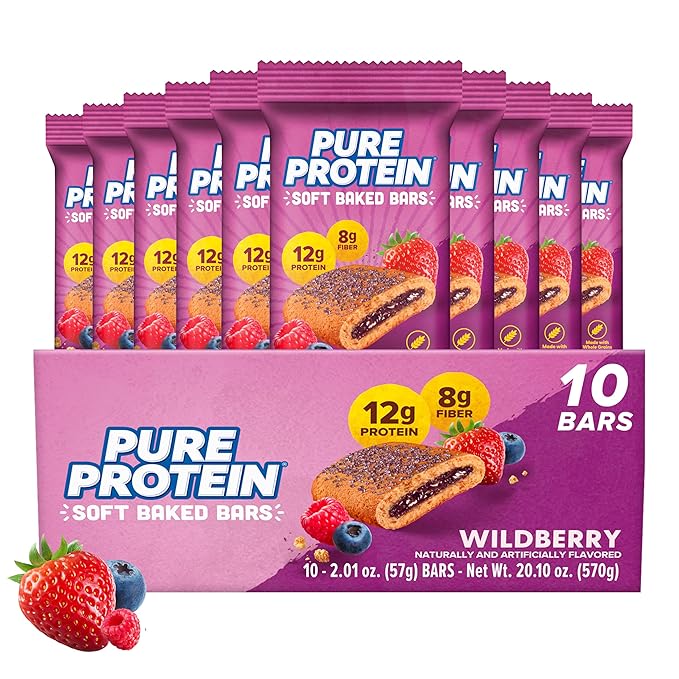 Pure Protein Wildberry Soft Baked Protein Bars – 12g Protein, 8g Fiber, Whole Grain Breakfast Bars, High Fiber, Individually Wrapped Protein Snacks for On-the-Go – 10 Count