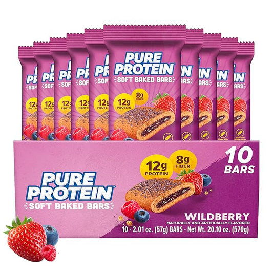 Pure Protein Wildberry Soft Baked Protein Bars – 12g Protein, 8g Fiber, Whole Grain Breakfast Bars, High Fiber, Individually Wrapped Protein Snacks for On-the-Go – 10 Count