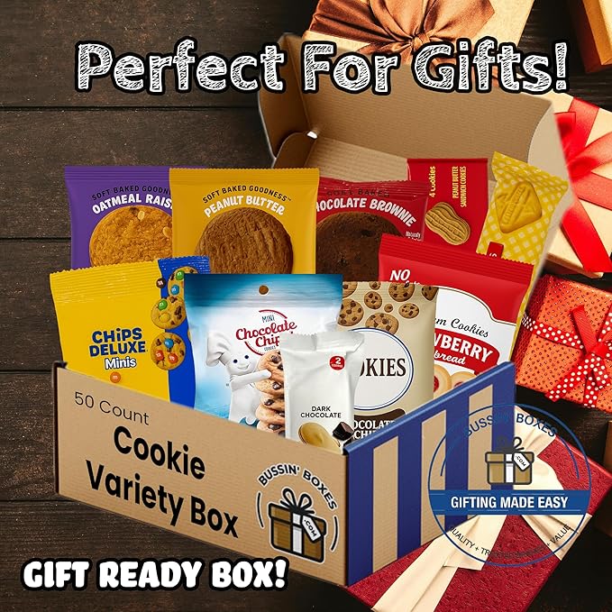 Cookies Variety Pack – Cookie Care Package with Individually Wrapped Cookies for Adults and Kids – Sweet Snack Box for School, Office, or Gifting – 50 Count Assembled by Bussin Boxes