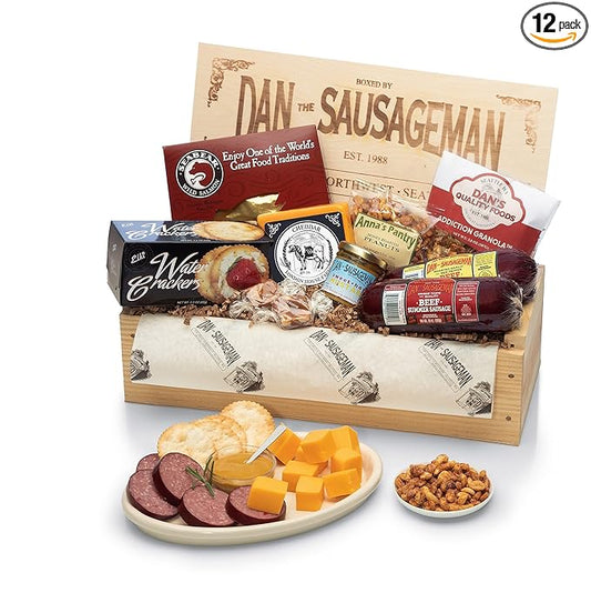 Dan the Sausageman's Signature Gift (Favorite) Gourmet Gift Basket Featuring Smoked Summer Sausage, Savory SeaBear Salmon, Wisconsin Cheese, Sweet Hot Mustard, and a Reuseable Keepsake Wood Pine Crate