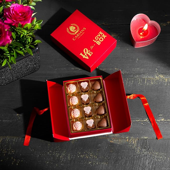 Carian’s Bistro Belgian Chocolate Gift Box of Love, Luxury Milk Chocolates with Strawberry and Hazelnut Cream, Great For Gift Giving, Valentine's Day and Anniversary for Lovers, 12 pc.