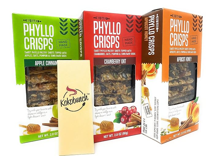 Phyllo Crisps Pastry Dough Sheets Crisp Snack Variety Bundle - Cranberry Oat Crisps Apricot Honey Apple Cinnamon with kokobunch kit by Nu Bake | 3 Pk - 2.8 oz