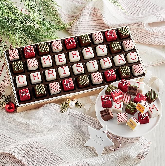 4 Holiday Gift Boxes - The Swiss Colony Merry Christmas Petits Fours 4-Gift Bundle Gourmet Mini Layer Cakes in Red Velvet, Strawberry, Chocolate, and Vanilla