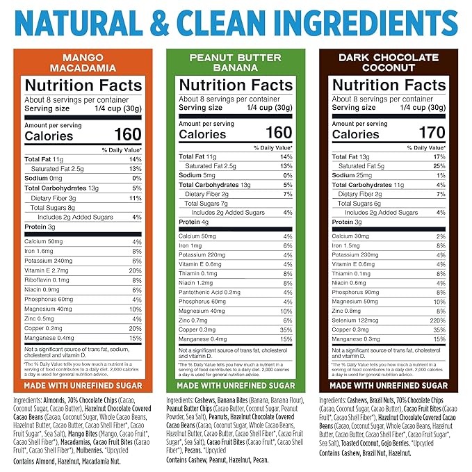 Blue Stripes - Trail Mix, Peanut Butter Banana, Dark Chocolate, Coconut, Nut Mix, Healthy Snacks for Adults, Variety Pack, Whole 70% Cacao, Unrefined Sugar, Non GMO, Gluten Free, Vegan - 3 Pack, 8 oz