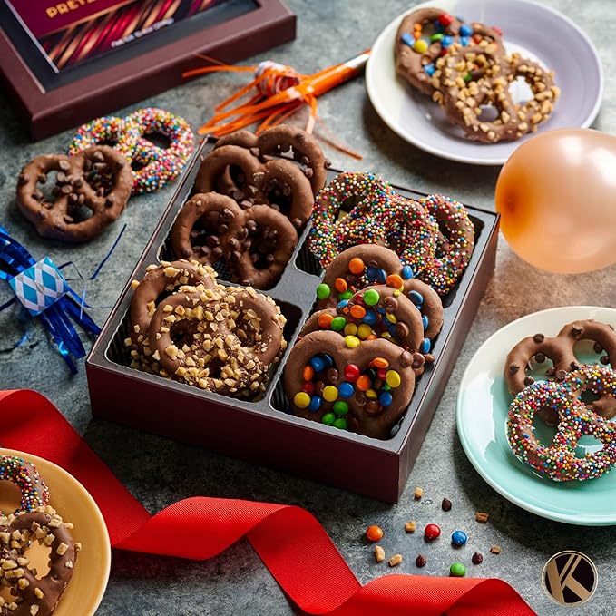 KREMERY Creamy Chocolate Cravings - Valentines Day Chocolate Covered Pretzel Twists Gift Basket, in Brown Gift Box (12 Pretzels, Assorted Sweet Toppings) Sweet Treats Food Arrangement, Kosher