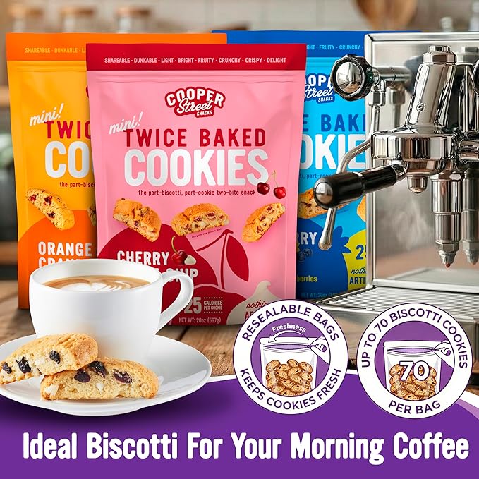 Cooper Street Twice Baked Biscotti Cookies Variety Pack - 1.25 Pounds Per Bag (4 Pack) - Gourmet Cookies Ideal With Coffee Or Tea | Peanut and Dairy Free Low Sodium Breakfast or On-The-Go Snack