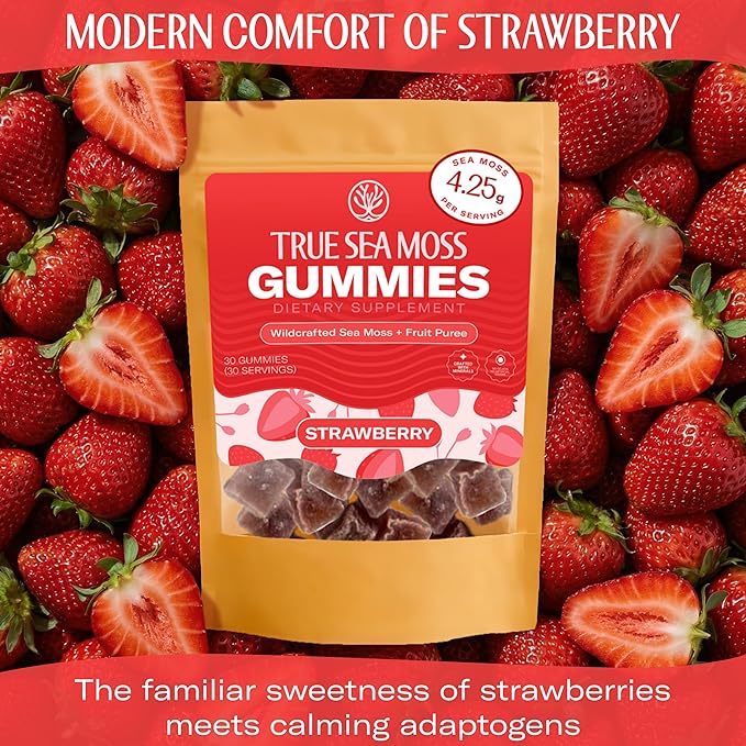 True Sea Moss Gummies – High Potency 4250mg Wildcrafted Irish Sea Moss Gel Extract per Serving + Strawberry Flavor – With Coconut Sugar & Real Fruit Purée – 30 Gummies (30 Servings)