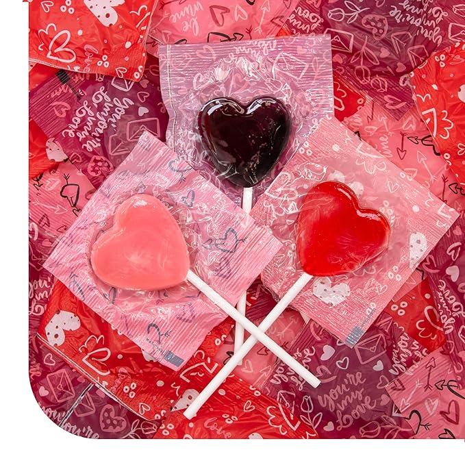 Heart Shaped Lollipops - 90 Count - 2 Pound Pack - Individually Wrapped Valentines Candy - Berry Flavors - Heart Candy for Classrooms, Buffets & Gifting