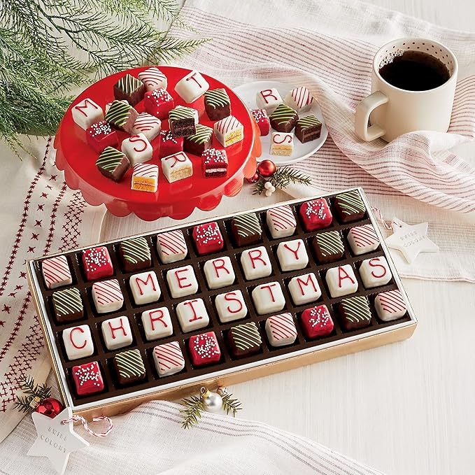 The Swiss Colony Merry Christmas Petits Fours Cakes, Gourmet Mini Layer Cakes in Red Velvet, Strawberry, Chocolate, and Vanilla, Holiday Dessert Cake Assortment