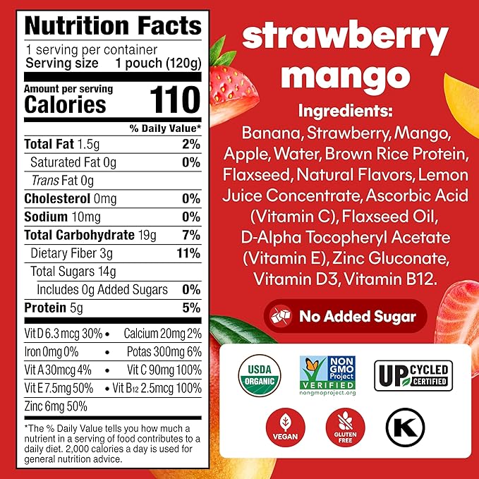 Noka Superfood Fruit Smoothie Pouches Ready to Drink with Brain Support, Healthy Snacks w/ 850mg Omega-3 Flax Seed Plant Protein Vegan Gluten Free Organic Fruit Squeeze Pouch Strawberry Mango 4.22 oz 6 Count