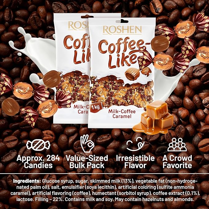 Roshen Coffeelike Caramel Candy, Coffee-Milky Filled, 2.2 lb (1kg) Bulk Pack, Soft Caramel with Natural Coffee Extract, Smooth Shell & Creamy Dairy Filling, Individually Wrapped Candies, Kosher, Halal pack of 2