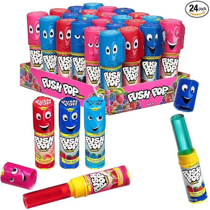Push Pop Valentine's Candy Variety Pack, 24Ct Bulk Individually Wrapped Lollipops in Assorted Flavors, Full Size, Fun Hard Candy For Birthday Parties, Valentine's Gifts, Goodie Bags, Party Favors
