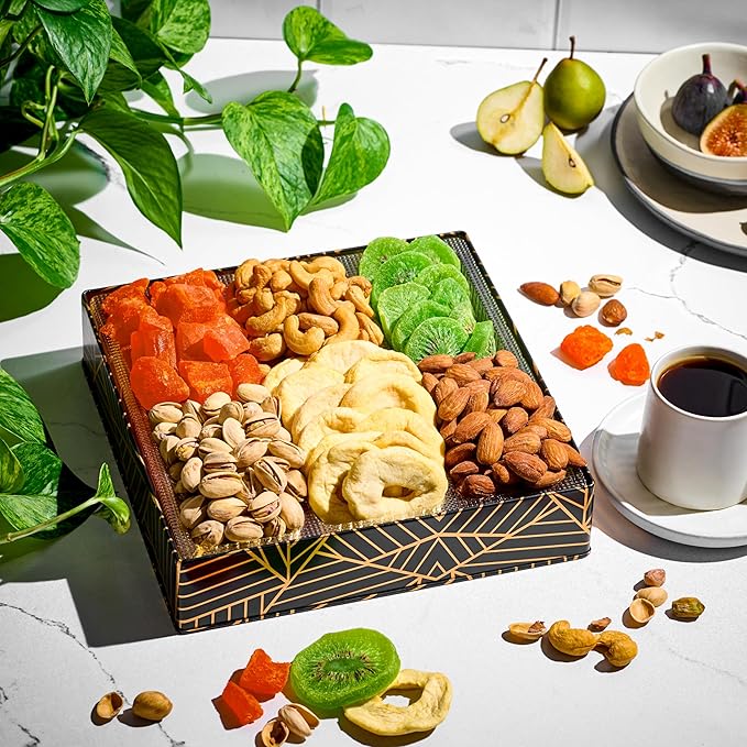 Oh! Nuts 6 Section Dried Fruits and Nuts Gift Basket - Gourmet Assorted Fruit & Nut Gifts Baskets - Healthy Food Square Metal Tin Box - Festive Gifts for Holiday, Birthday, Corporate Women & Men