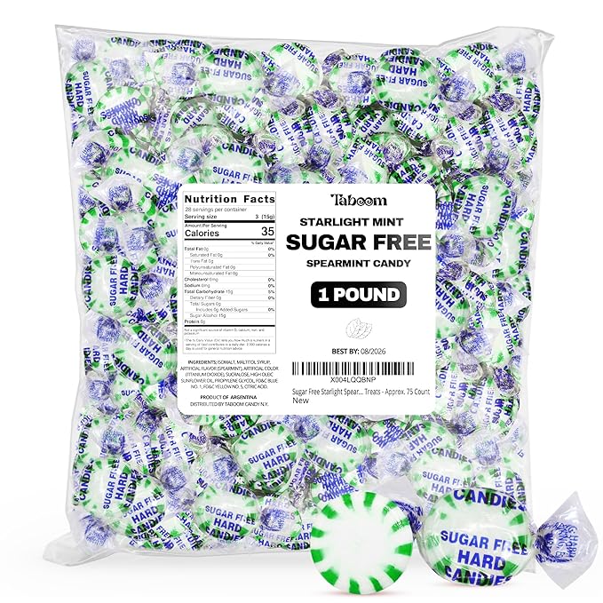 Sugar Free Starlight Spearmint Hard Candy 1 Pound - Approx. 75 Individually Wrapped Starlight Mint Discs Hard Candy For Snacks & Treats - Taboom Candy