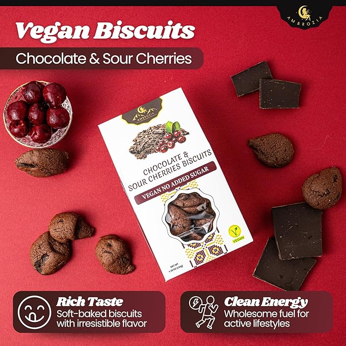 Ambrozia Vegan Snack Biscuits – Chocolate & Sour Cherry - Soft Baked, No Added Sugar, Clean Label, High Fiber & Wholesome Ingredients, Kid-Friendly, Healthy Snacks for Active Lifestyles, 4.58 Oz