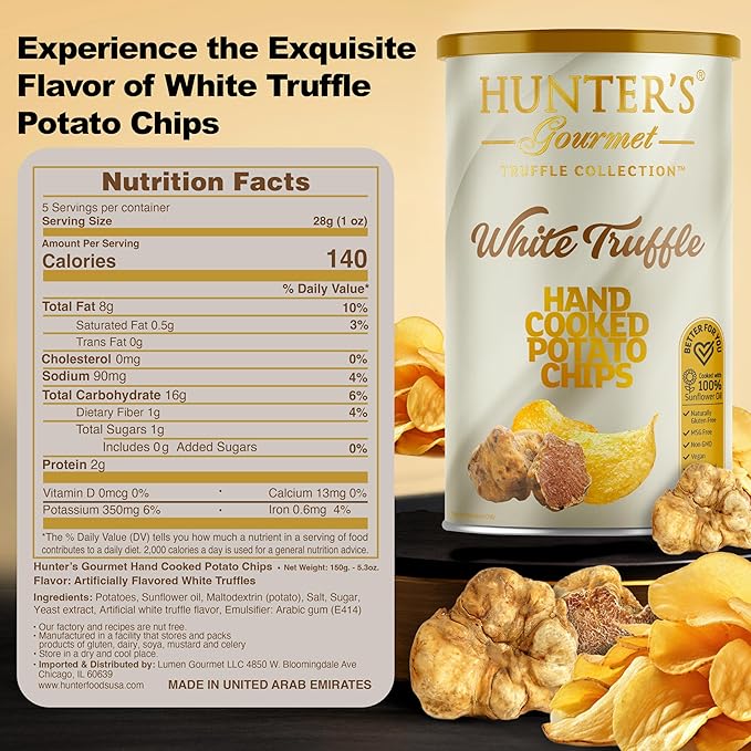 Hunter's Gourmet Truffle Chips | Hand-Cut | No Artificial Colors | Dairy & Lactose Free | Premium Packaging | MSG-Free | White Truffle | Vegan Chips | Pack of 8 | 150g