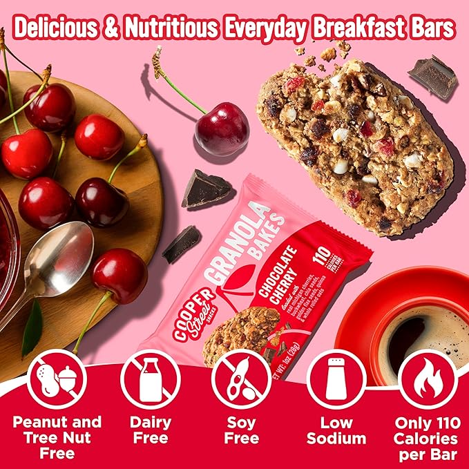 Cooper Street Chocolate Cherry Granola Bakes (48 Count) – Individually Wrapped Soft and Chewy Granola Bars Bulk – Low Sodium, Nut & Dairy Free - Perfect As Healthy Bulk Office or Classroom Snacks