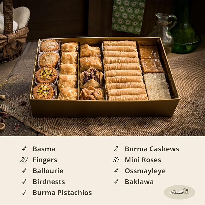 Shatila Food Products Large Elegant Gold Box Baklawa, Assorted Baklava Pastry Gift, Mediterranean Sweets Arabic Desserts, 56-Pieces