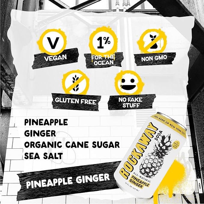 ROCKAWAY Pineapple Ginger Soda Drinks - Low calorie drinks made from Real Fruit Juice, All Natural - Soda Pop Drinks Gluten Free, Vegan, GMO Free - 12oz (12 Pack)