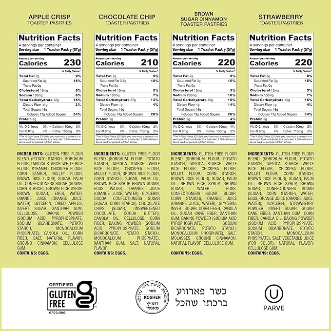 Katz Gluten Free Snacks Toaster Pastries 4 Flavor Fruit Variety Pack Apple Crisp, Cinnamon, Chocolate Chip & Strawberry. Gluten Free. Dairy Free, Nut Free, Peanut Free, Soy Free. 3 of each (12pk)