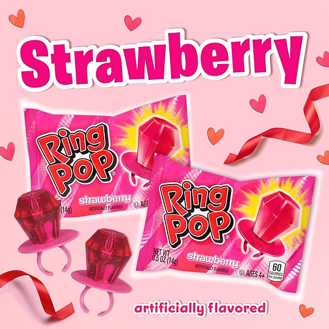 Ring Pop Pink Valentine's Candy, Individually Wrapped Pink Lollipops, Strawberry 30 Ct Bulk Suckers for Kids, Fun Candy for Gender Reveals, Valentine's Gifts, Goodie Bags, Party Favors