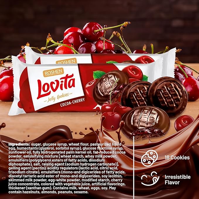 Roshen Lovita Cookies with Cherry Jelly Filling, 4.76 oz, Chocolate Biscuit with Juicy Cherry Jelly & Signature Chocolate Glaze, European Gourmet Cookies, Pack of 2