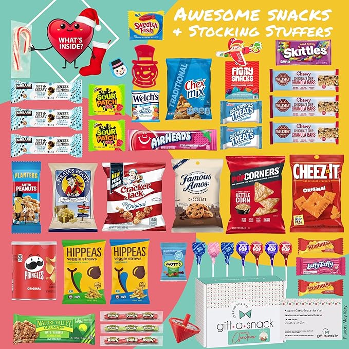 Gift A Snack - Christmas Candy Stocking Stuffers, Pre-filled Holiday Snack Box Care Package + Greeting Card (45 Count) Sweet Treats Gift Basket, Candies Chips Office Food Assortments