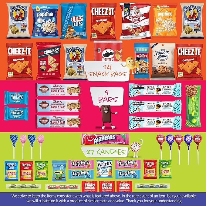 I AM Snacky - Valentines Day Snack Box Variety Pack Care Package + Greeting Card - SNACKY'S BLISS BITES (50 Count) Birthday Sweet Treats Gift Basket, Candies Chips