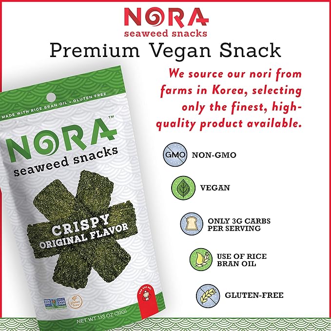Original Crispy Seaweed Snacks by Nora, Low-Carb Healthy Snacks for Adults, Thick Nori Sheets Snack Strips, Asian Snacks, Vegan, Gluten-Free, Non-GMO, 12-Pack