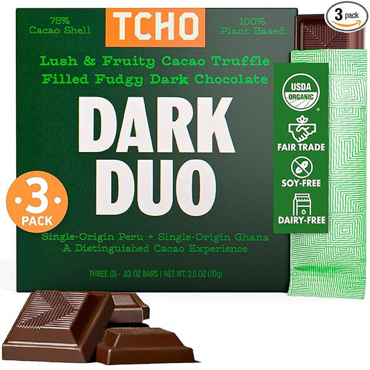TCHO Dark Duo Dark Chocolate Bars (3 pack) | Single Origin, Plant Based, Organic & Fair Trade, | Non GMO, Non-Dairy, Vegan, Soy Free (2.5oz each)