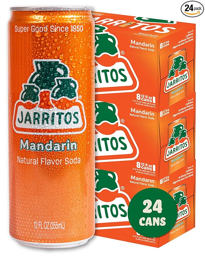Jarritos - Mexican Soda Soft Drinks, Mandarin (12 oz, 355ml) 24 Cans (3 Boxes of 8) - Real Cane Sugar - 0g Fat - Made in Mexico - Natural Flavor Soda Pop - Party & BBQ Beverages