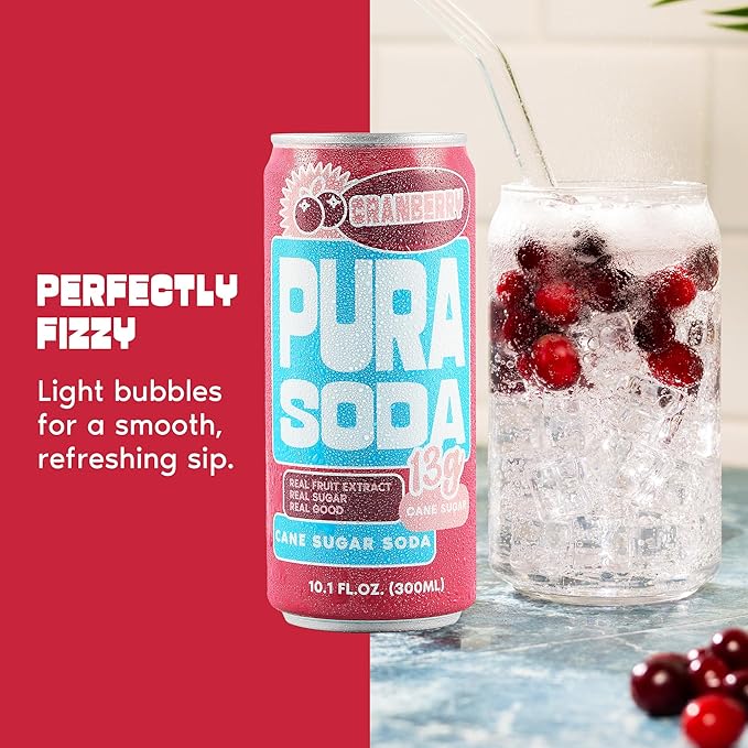 PuraSoda® Cranberry | Low-Calorie, Cane Sugar Soda Beverage | Non-GMO, Vegan | Made with Pure Cane Sugar, Clean & Refreshing | 10.1 fl oz (300ml) Cans, Pack of 24