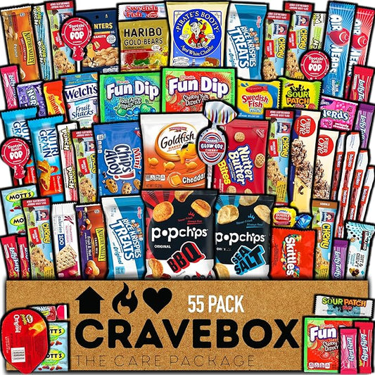 CRAVEBOX Snack Box (55 Count) Valentines Variety Pack Care Package Gift Basket Adult Kid Guy Girl Women Men Birthday College Student Office Back to School