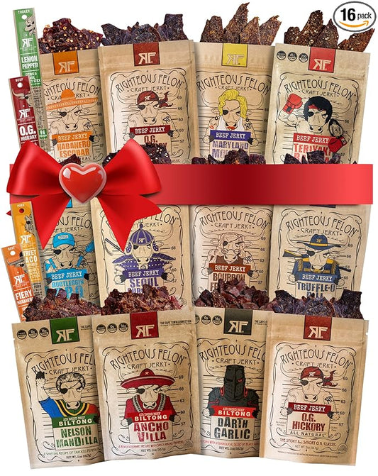 Righteous Felon Beef Jerky & Meat Sticks Variety Pack | Valentines Day Gifts for Men | High Protein, Keto, Low Sugar | Made with Premium Meats | Gluten Free Snack Packs | Whole Shebang 16 Pack