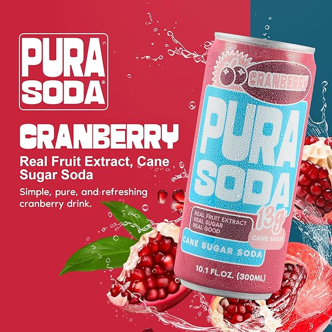 PuraSoda® Cranberry | Low-Calorie, Cane Sugar Soda Beverage | Non-GMO, Vegan | Made with Pure Cane Sugar, Clean & Refreshing | 10.1 fl oz (300ml) Cans, Pack of 24