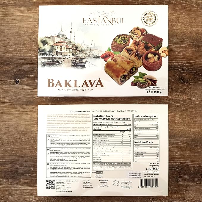 Eastanbul Baklava, 1.1lb, Baklava Pastry, Pistachio Gift Box, Middle Eastern Sweets, Turkish Desserts, Pistachio & Cashew Rich Pastry, Dulces Arabes, Arabic Sweets, Turkish Gifts