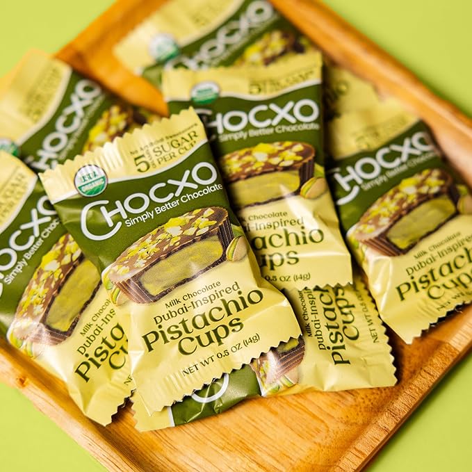 Chocxo Milk Dubai Chocolate Pistachio Cups - Lower Sugar, Organic, NonGMO, Keto, Gluten Free, Kosher. 43% Cacao, No Artificial Sweeteners/Sugar Alcohols, 3.45 oz (Pack of 6)